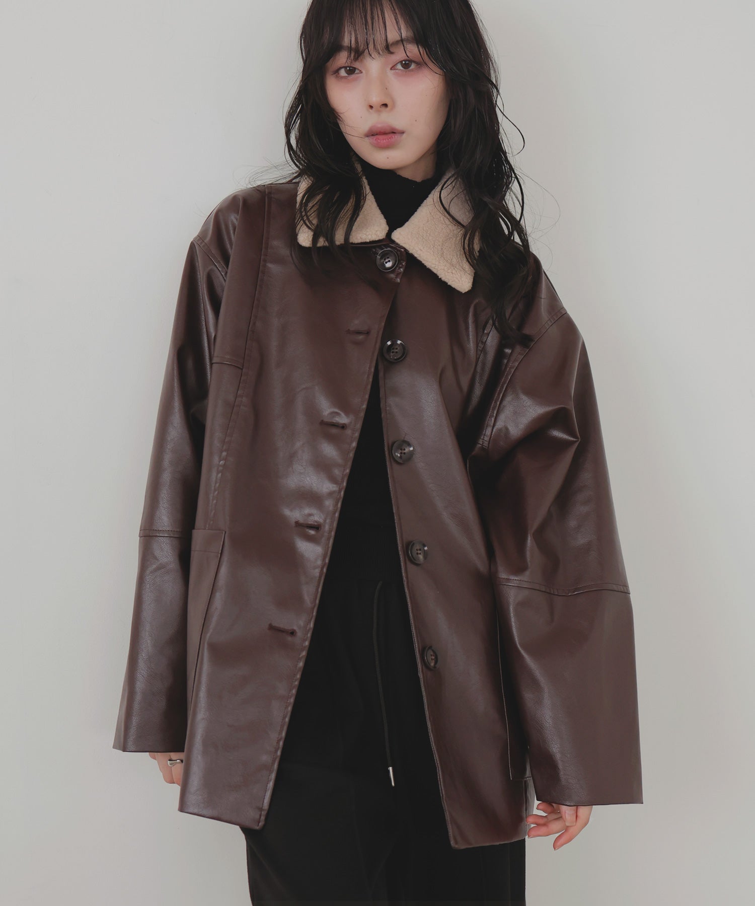 ボア襟フェイクレザーカバーオールジャケット – LIAN