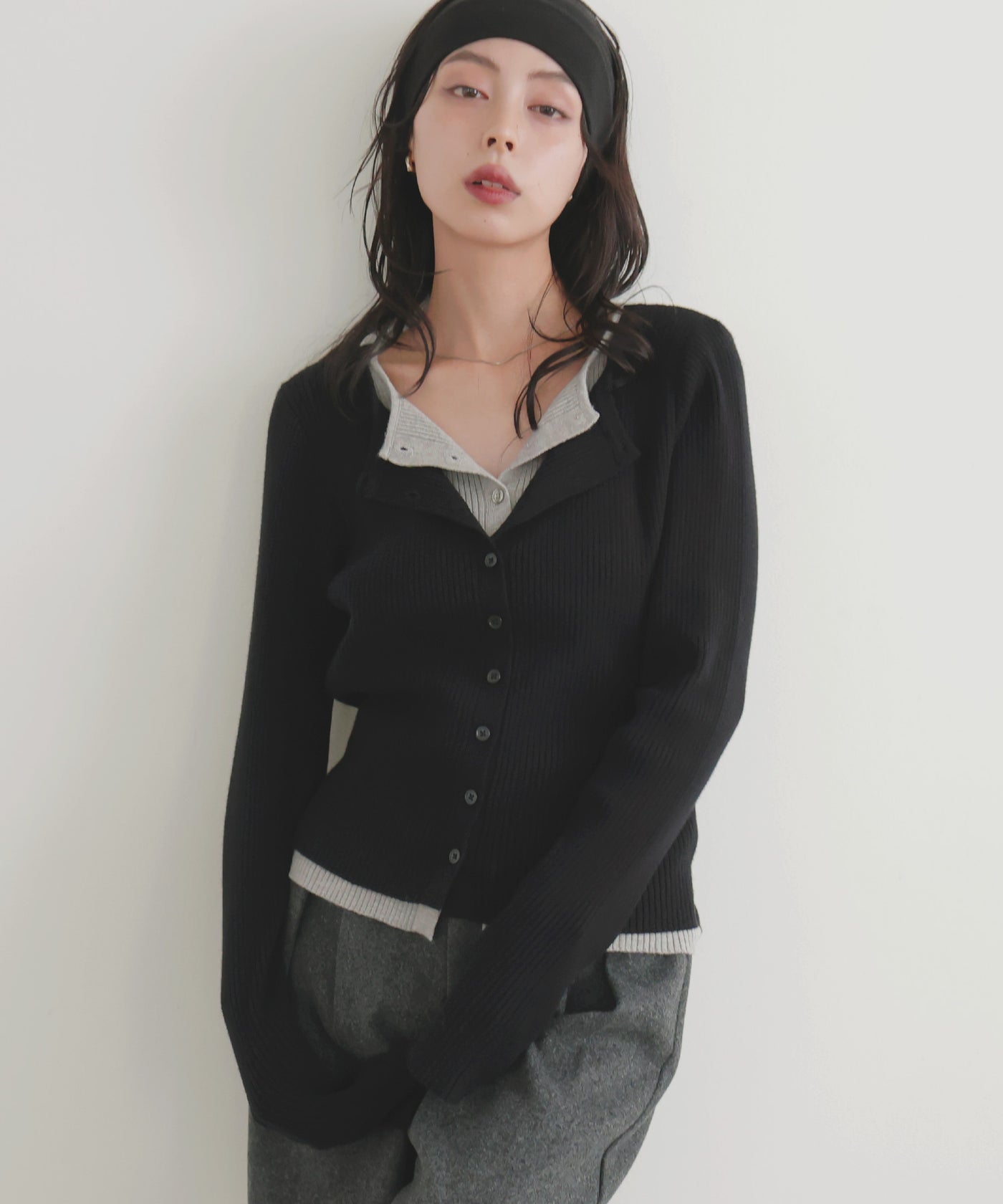 anuans バイカラークルーネックカーデガン レイヤードバイカラークルーネックカーディガン – LIAN