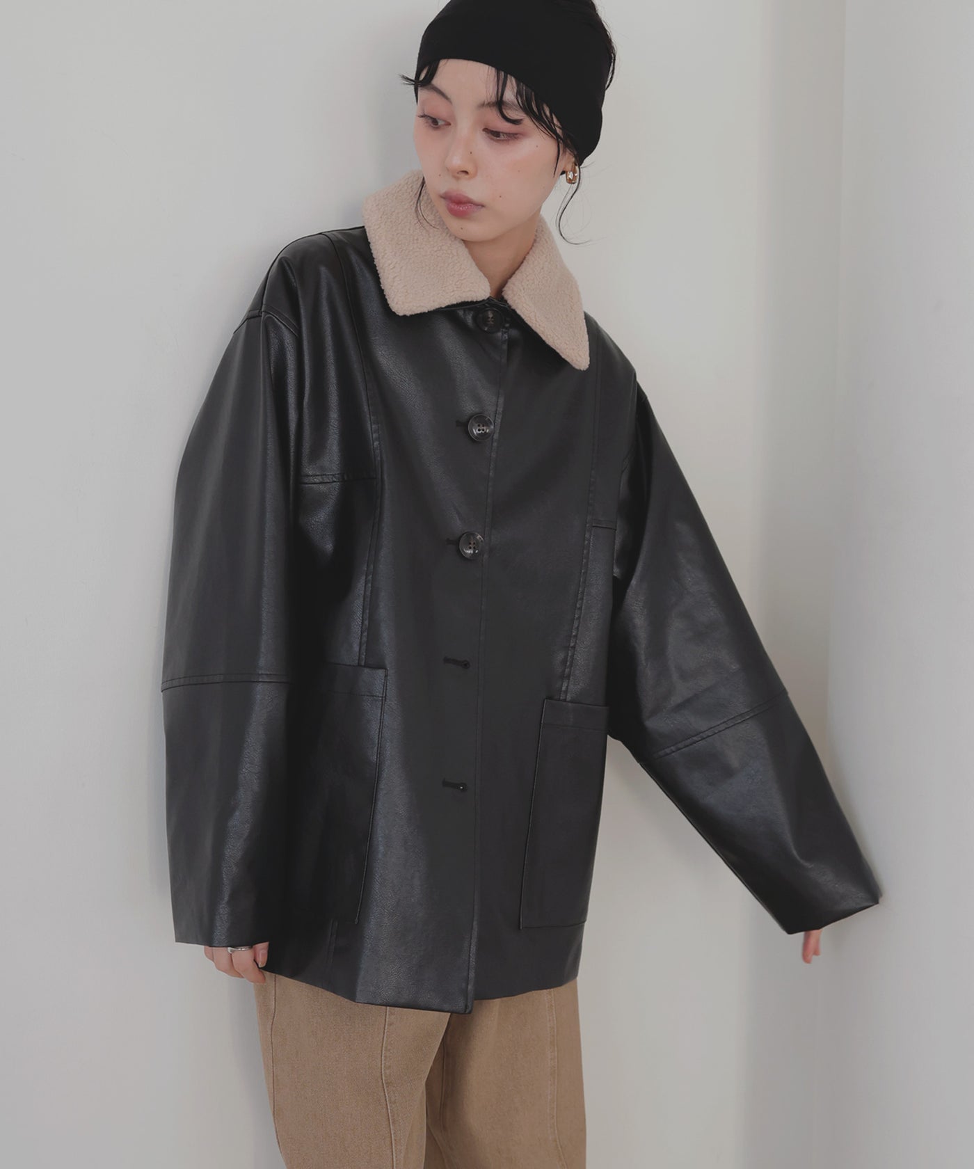 ボア襟フェイクレザーカバーオールジャケット – LIAN