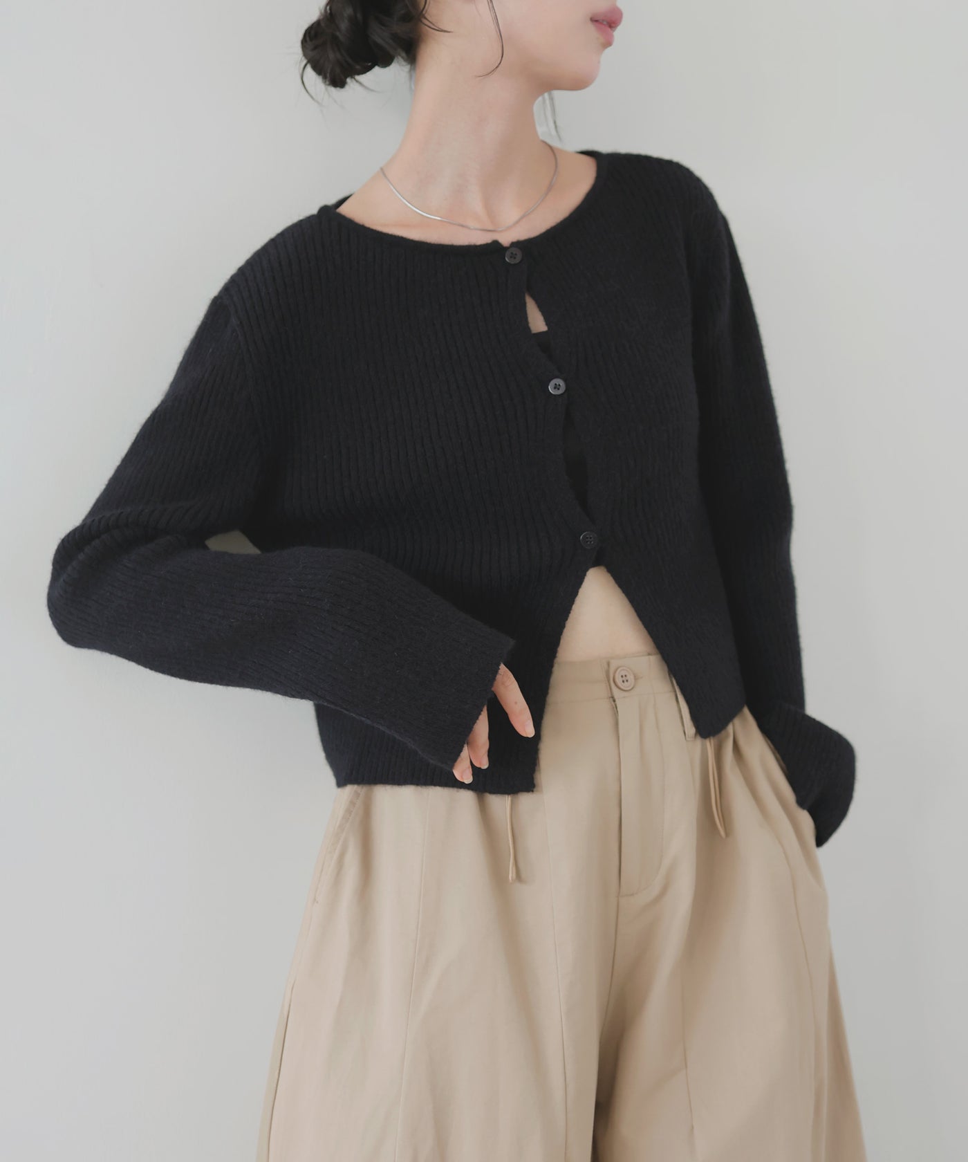 Lui jewelry リブ編み ブラック カーディガン センターホールリブニットカーディガン – LIAN