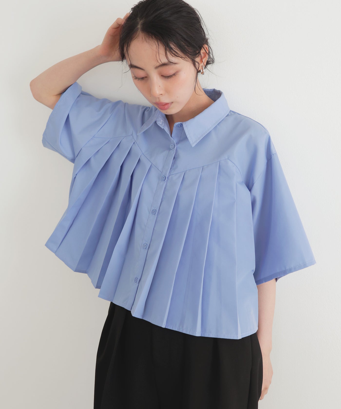 【希少✨】プリーツプリーズ　半袖シャツ　変形　アシンメトリー　襟　オレンジ　4 希少✨】プリーツプリーズ 半袖シャツ 変形 アシンメトリー 襟