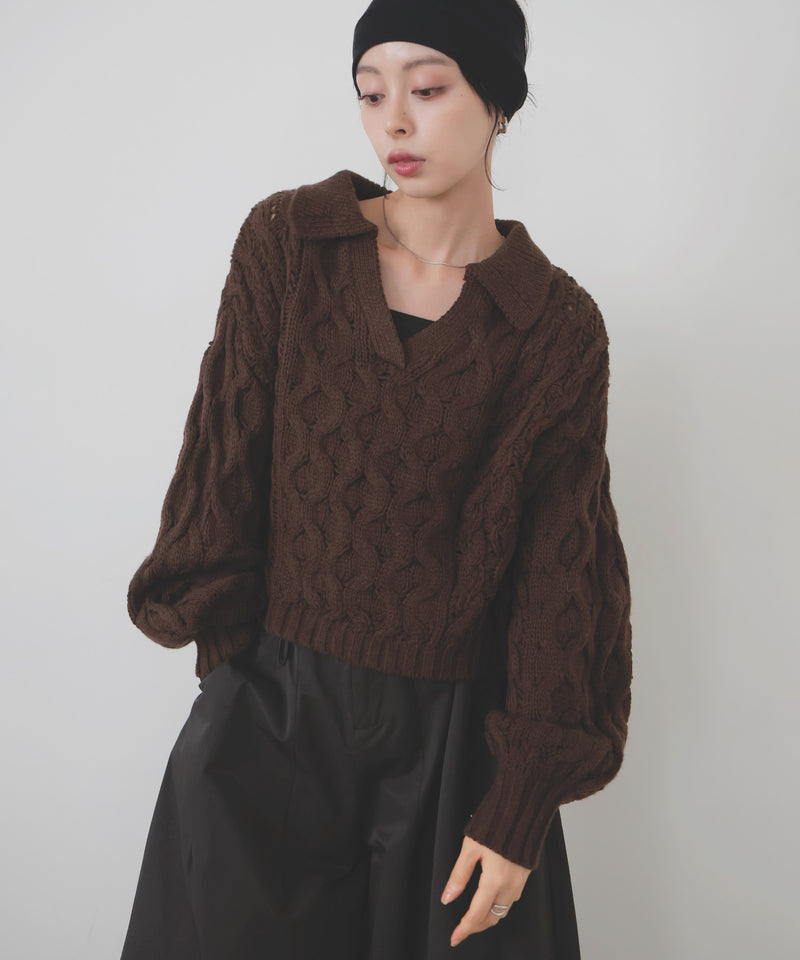 【11月中旬予約商品】ケーブルクロップドポロニット