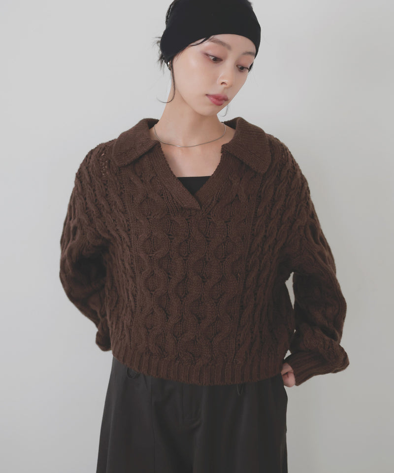 【11月中旬予約商品】ケーブルクロップドポロニット