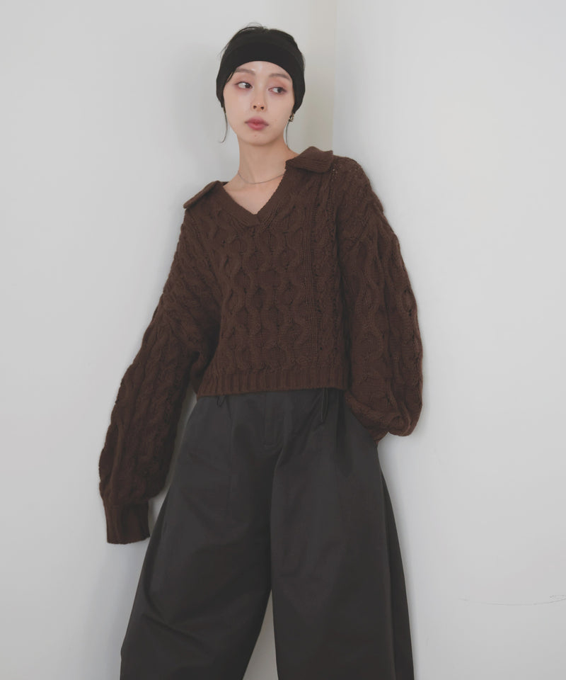 【11月中旬予約商品】ケーブルクロップドポロニット
