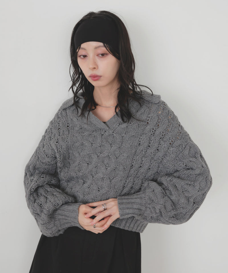【11月中旬予約商品】ケーブルクロップドポロニット