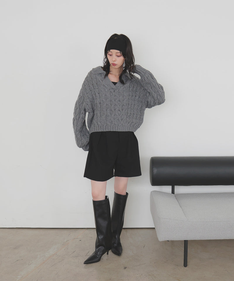 【11月中旬予約商品】ケーブルクロップドポロニット