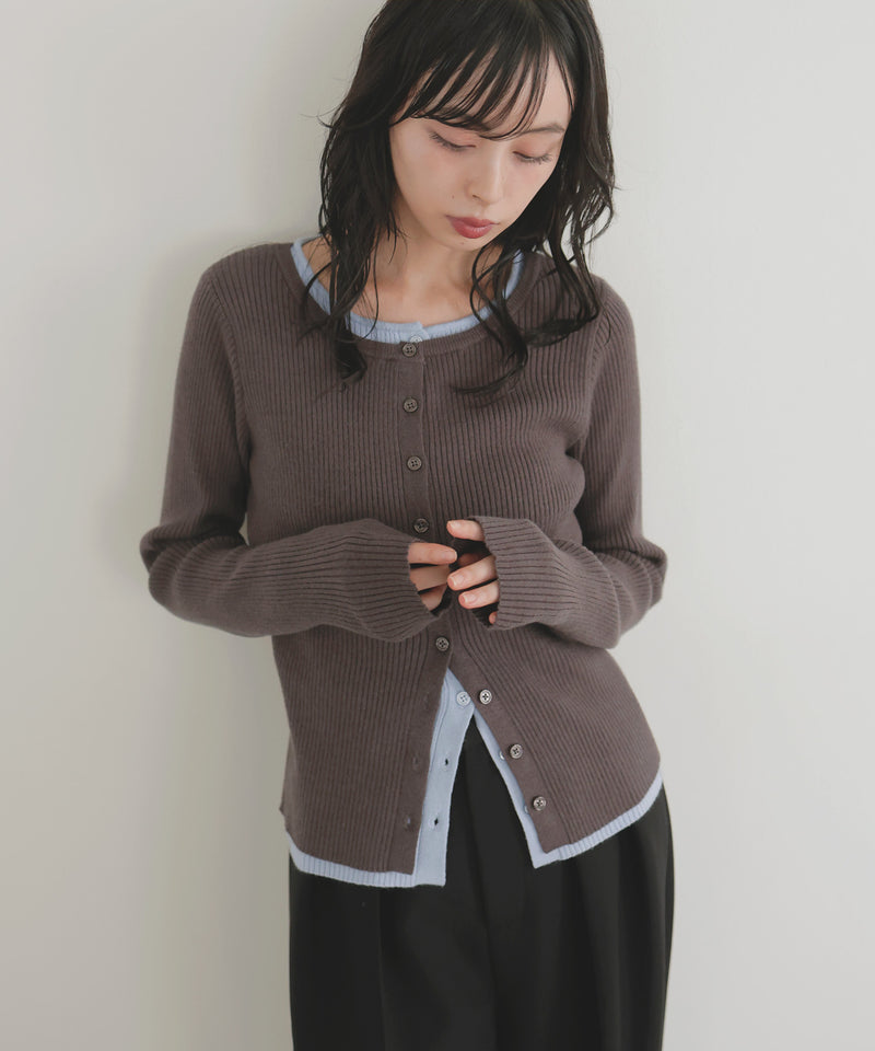 レイヤードバイカラークルーネックカーディガン