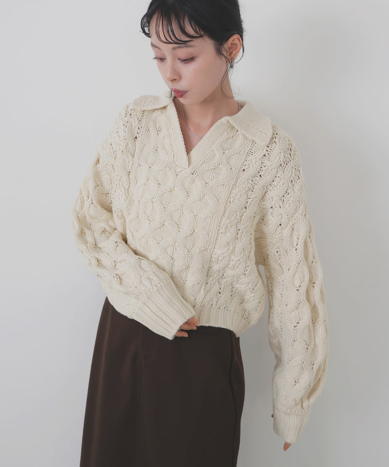 【11月中旬予約商品】ケーブルクロップドポロニット