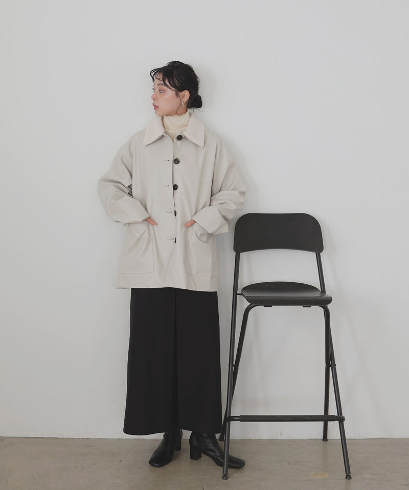 ボア襟フェイクレザーカバーオールジャケット
