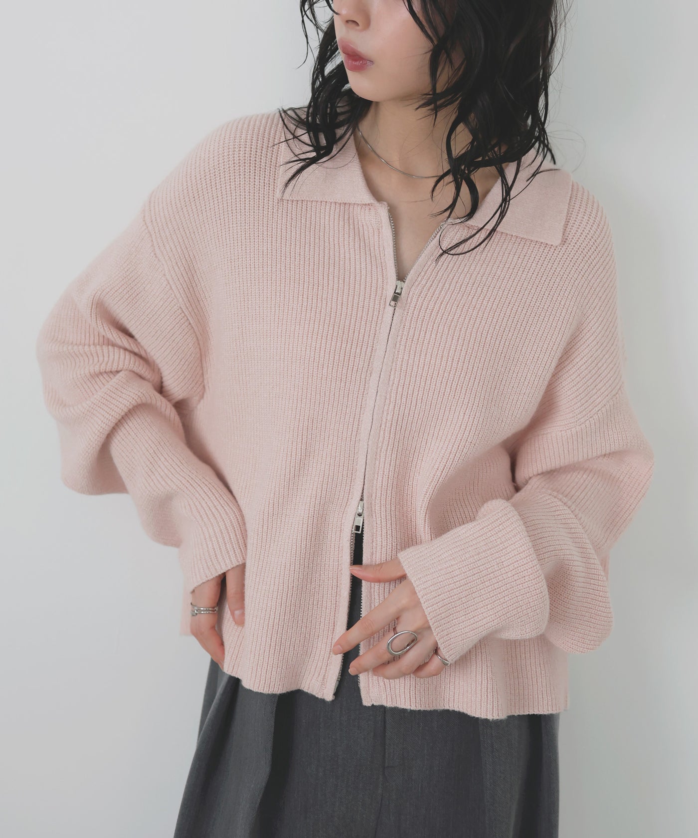 LIAN ダブルジップポロニットカーディガン アシメトリカルショルダー 2点 ダブルジップポロニットカーディガン – LIAN