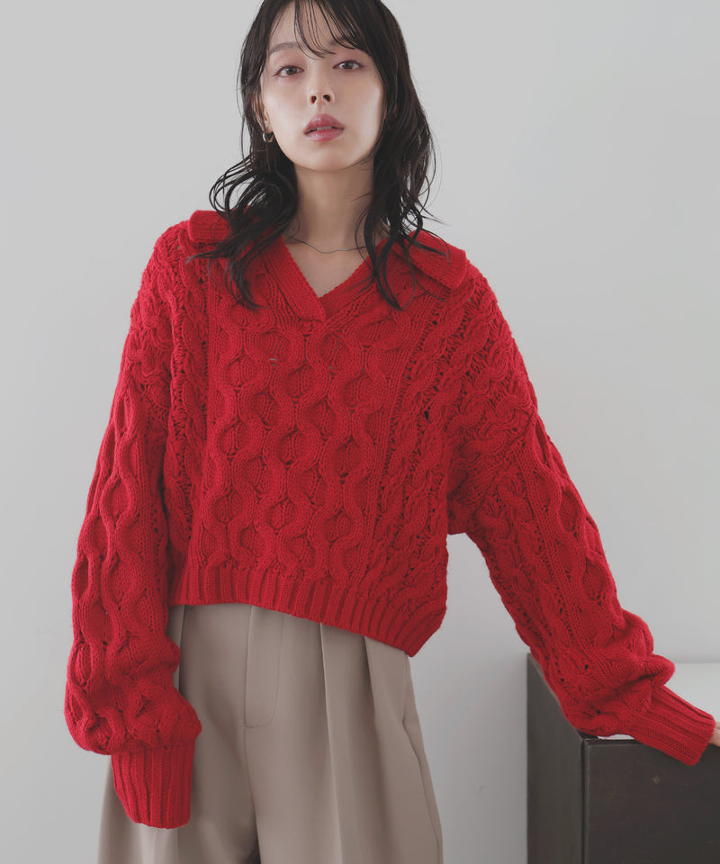 【11月中旬予約商品】ケーブルクロップドポロニット