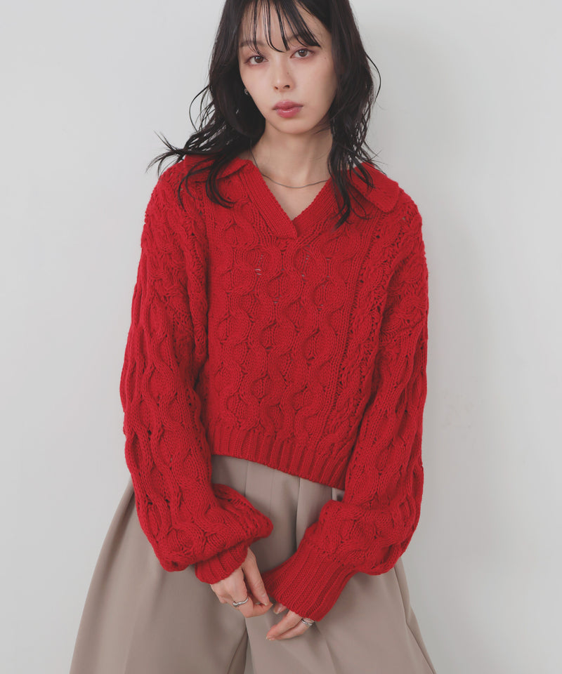 【11月中旬予約商品】ケーブルクロップドポロニット