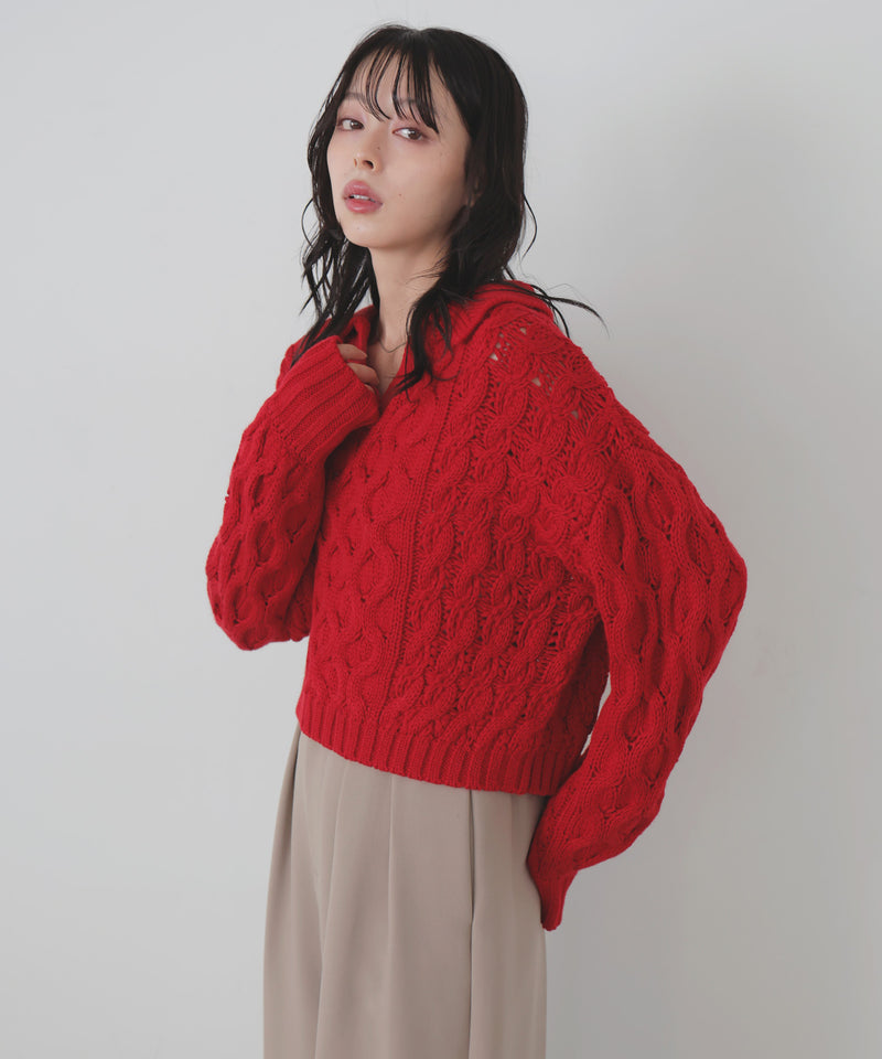 【11月中旬予約商品】ケーブルクロップドポロニット