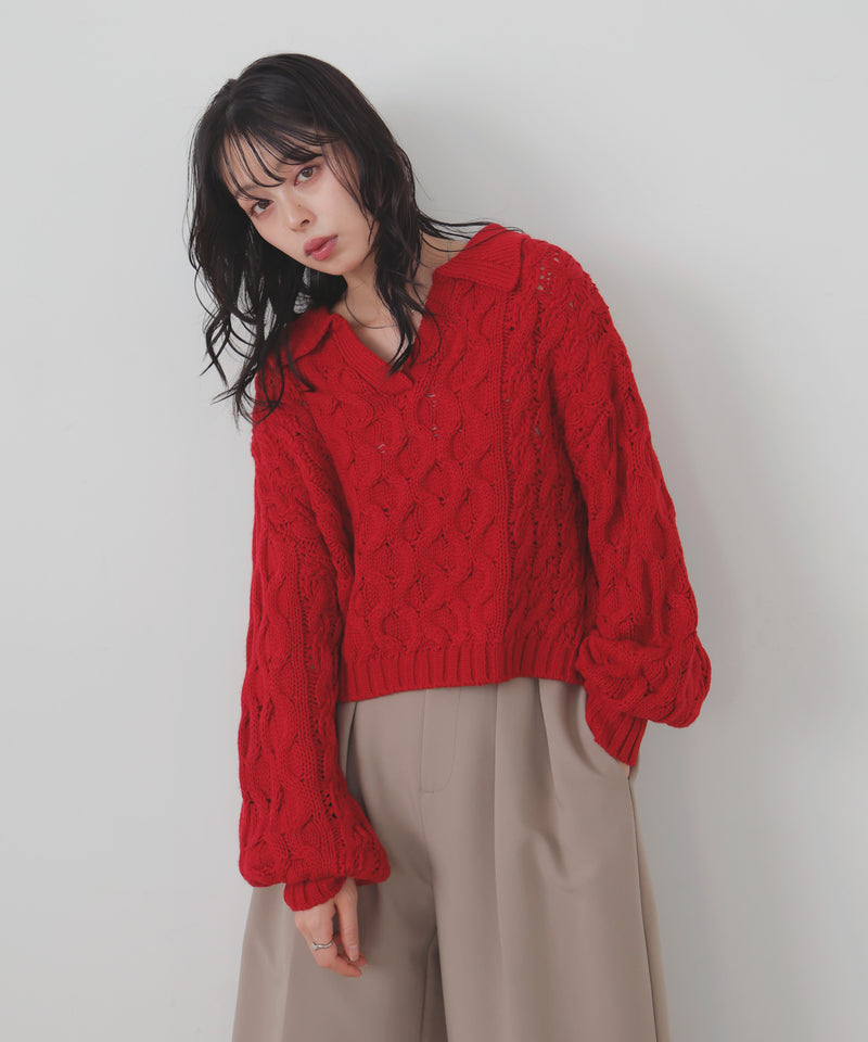【11月中旬予約商品】ケーブルクロップドポロニット