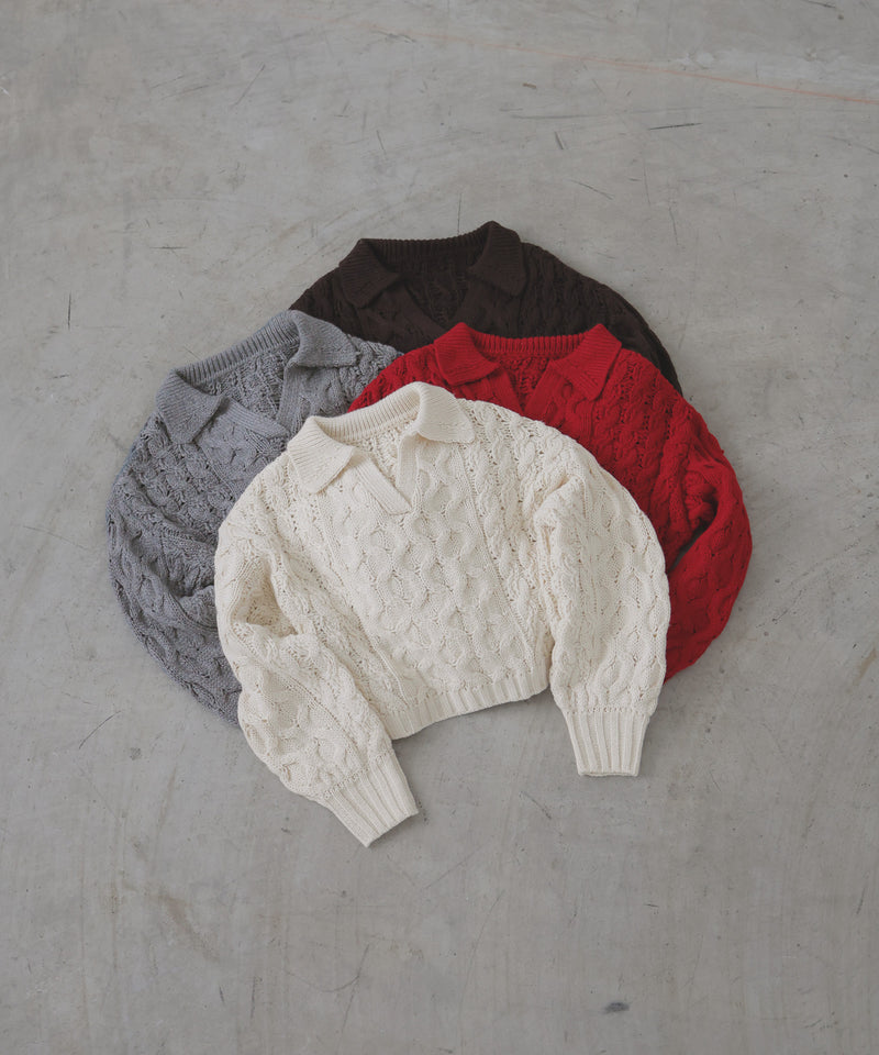 【11月中旬予約商品】ケーブルクロップドポロニット